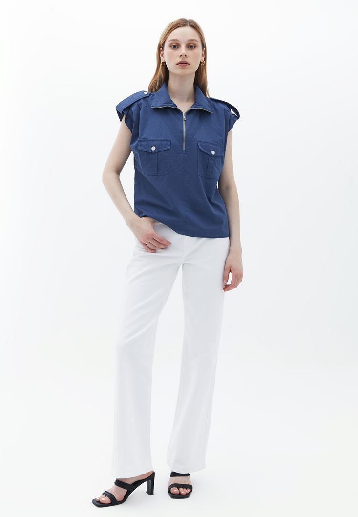 Women Blue Blouse with Zipper Detail
