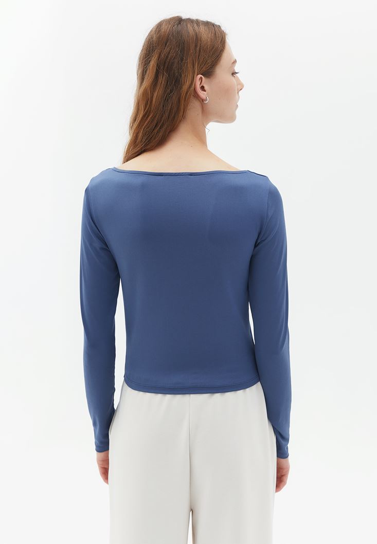 Women Blue Scope Neck Stretch Tshirt