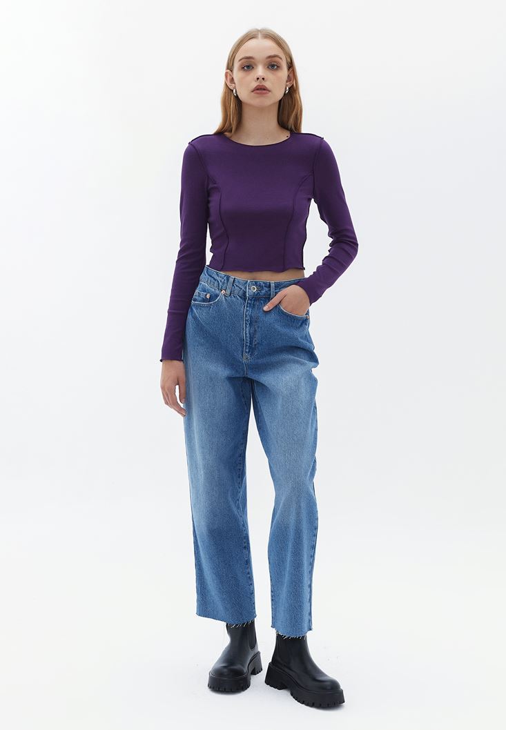 Women Purple Crop Tshirt with Long Sleeves
