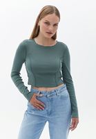 Women Green Crop Tshirt with Long Sleeves