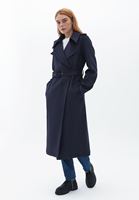 Women Blue Suede Maxi Trenchcoat with Belt