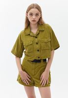 Women Green Cropped Shirt with Pocket Detail