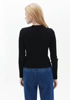 Women Black Ribbed Sweater with Crew Neck