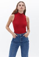 Women Red High Collar Knitwear Singlet