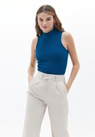 Women Blue High Collar Knitwear Singlet