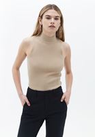 Women Beige High Collar Knitwear Singlet