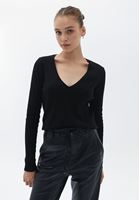 Women Black V-Neck Knitwear Sweater