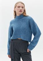 Women Blue Wool Blended Crop Sweater