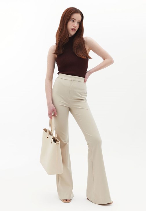 パンツ iNtimite Fringe Pants off beige Beige Wide Leg Pants with Slit Detail Online Shopping | OXXOSHOP