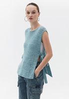 Women Blue Knitwear Pullover with Tie-up Detail