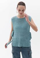 Women Blue Knitwear Pullover with Tie-up Detail