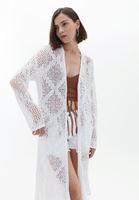 Women Cream Hemstitch Knitwear Cardigan