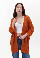 Women Orange Midi Length Cardigan with Hemstitch Detail