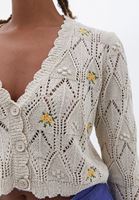 Women Cream Embroidered Crop Cardigan