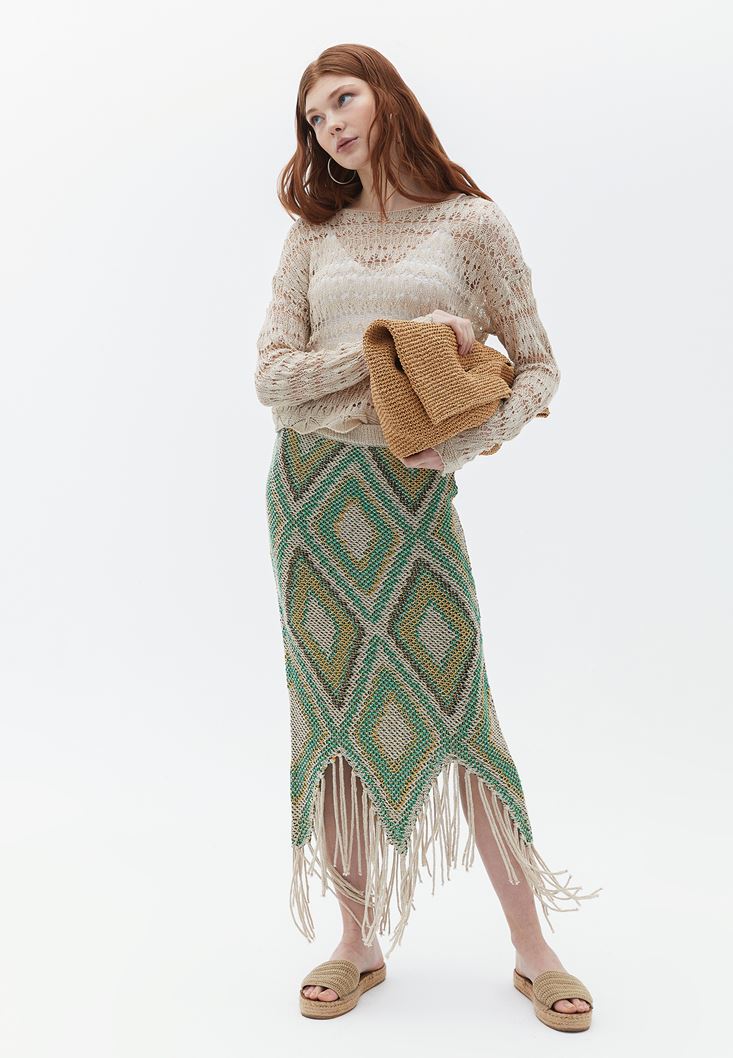Women Mixed High Rise Midi Skirt with Tassels