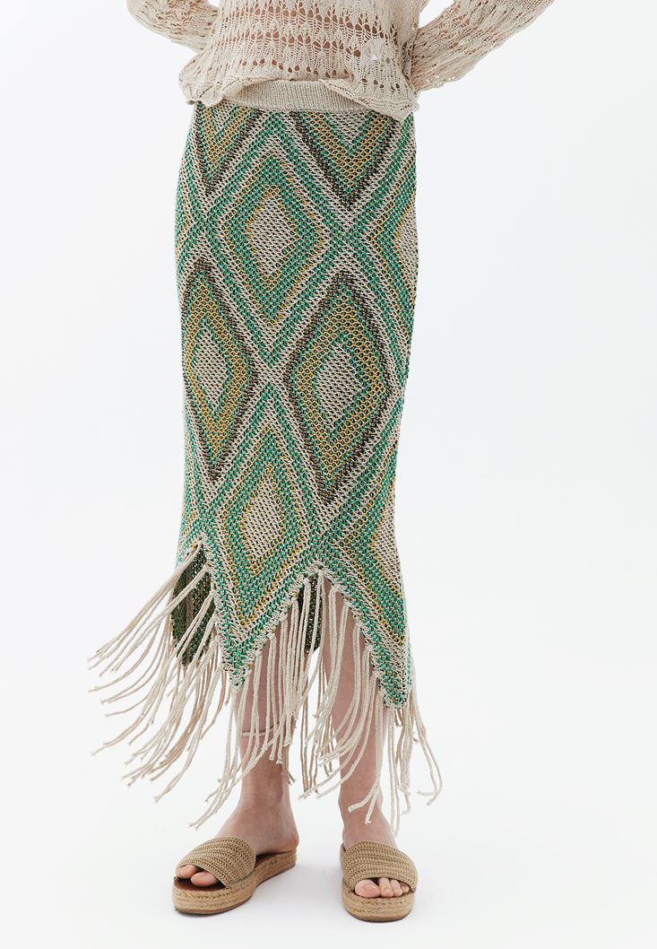 Women Mixed High Rise Midi Skirt with Tassels