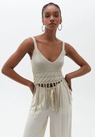 Women Beige Knitwear Singlet with Tassels