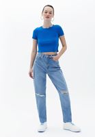 Women Blue High Rise Mom Fit Pants