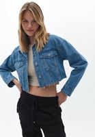 Women Blue Loose Fit Denim Crop Jacket