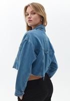 Women Blue Loose Fit Denim Crop Jacket