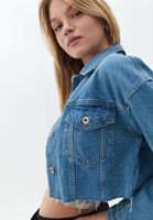 Women Blue Loose Fit Denim Crop Jacket