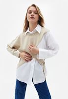 Bayan Bej Oversize Kemer Detaylı Gömlek 