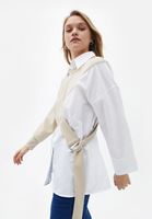 Bayan Bej Oversize Kemer Detaylı Gömlek 