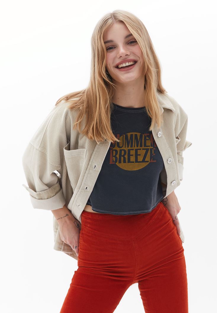 Women Beige Oversize Cord Velvet Shirt