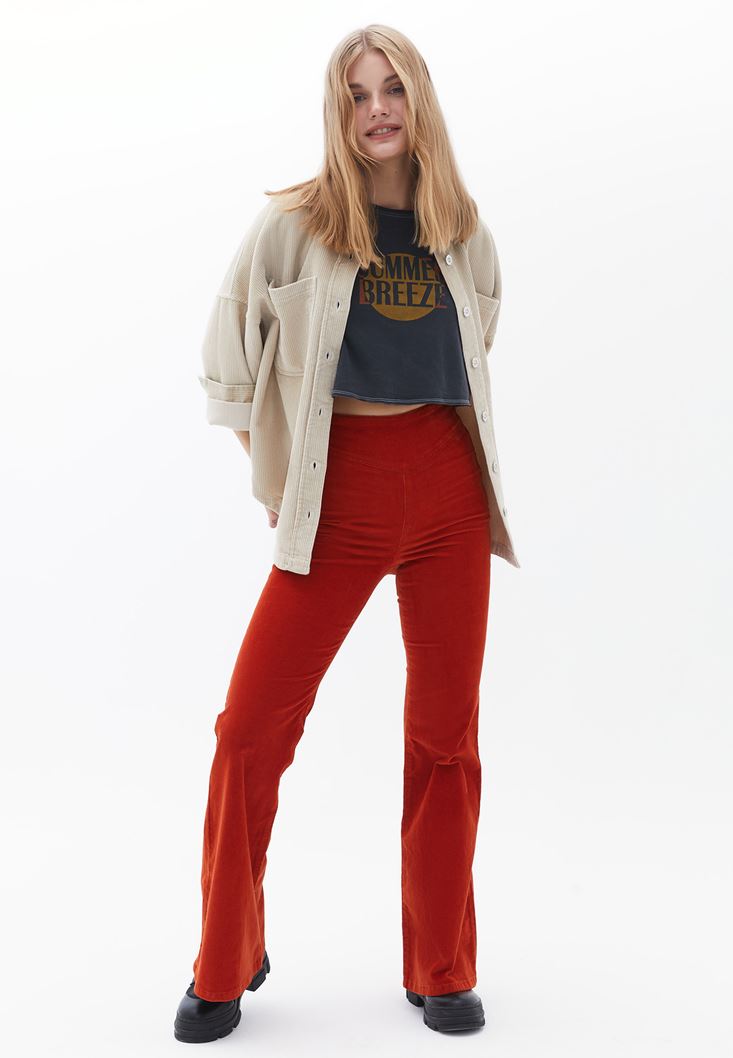 Women Beige Oversize Cord Velvet Shirt