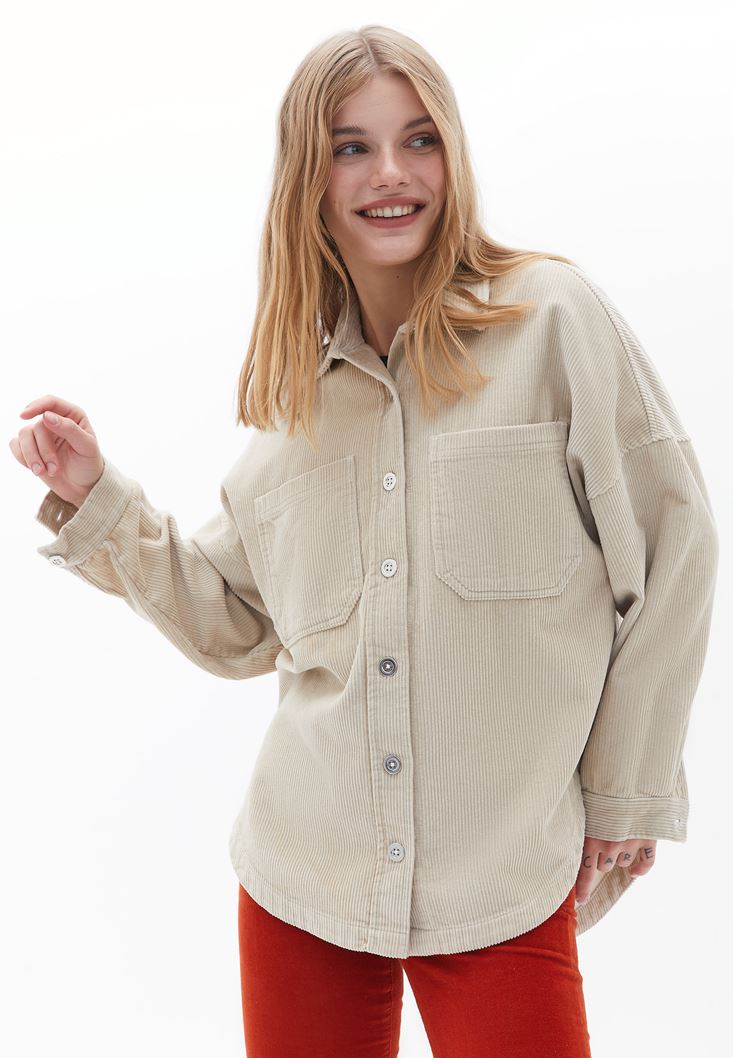 Women Beige Oversize Cord Velvet Shirt