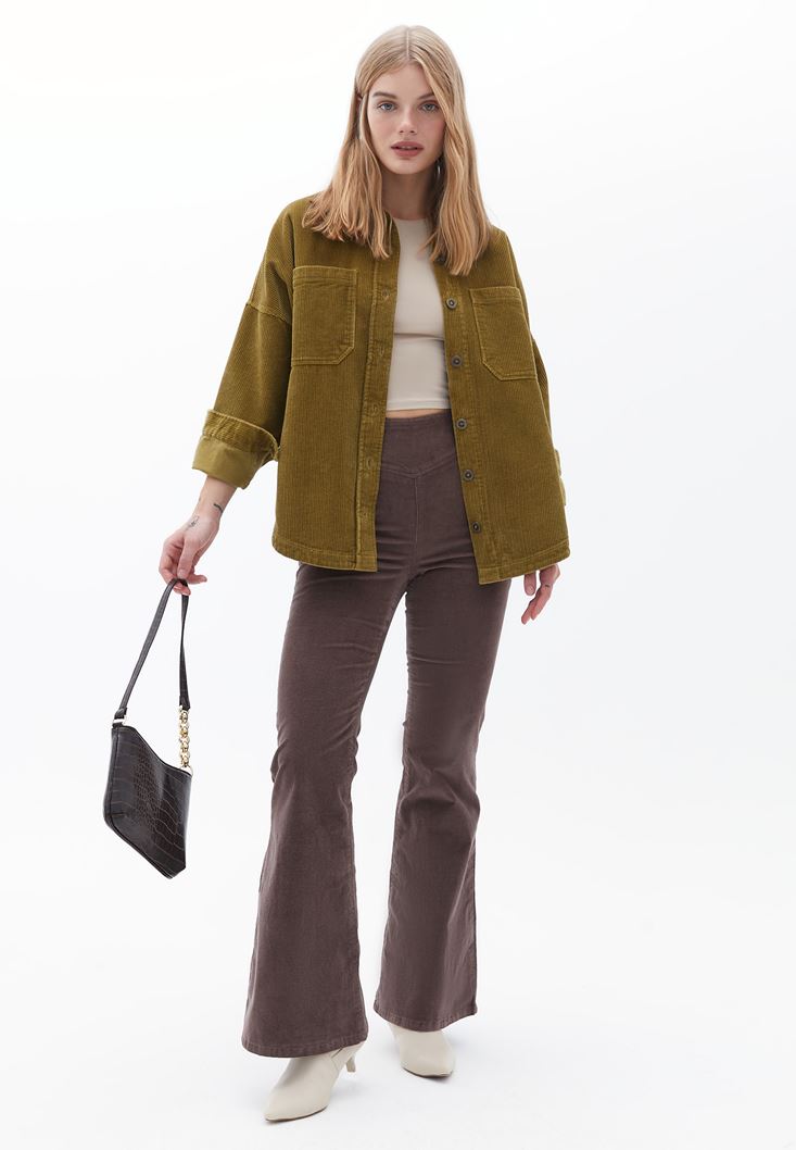 Women Green Oversize Cord Velvet Shirt