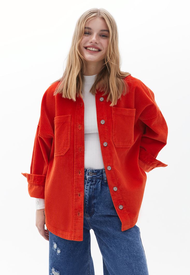 Women Orange Oversize Cord Velvet Shirt