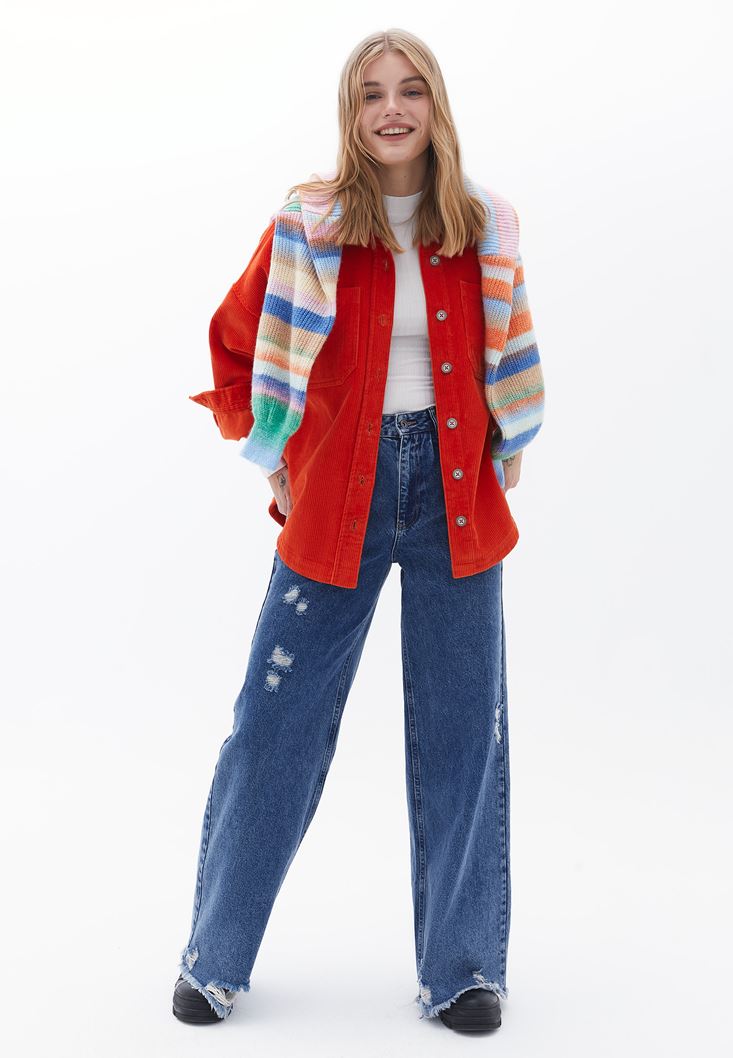 Women Orange Oversize Cord Velvet Shirt