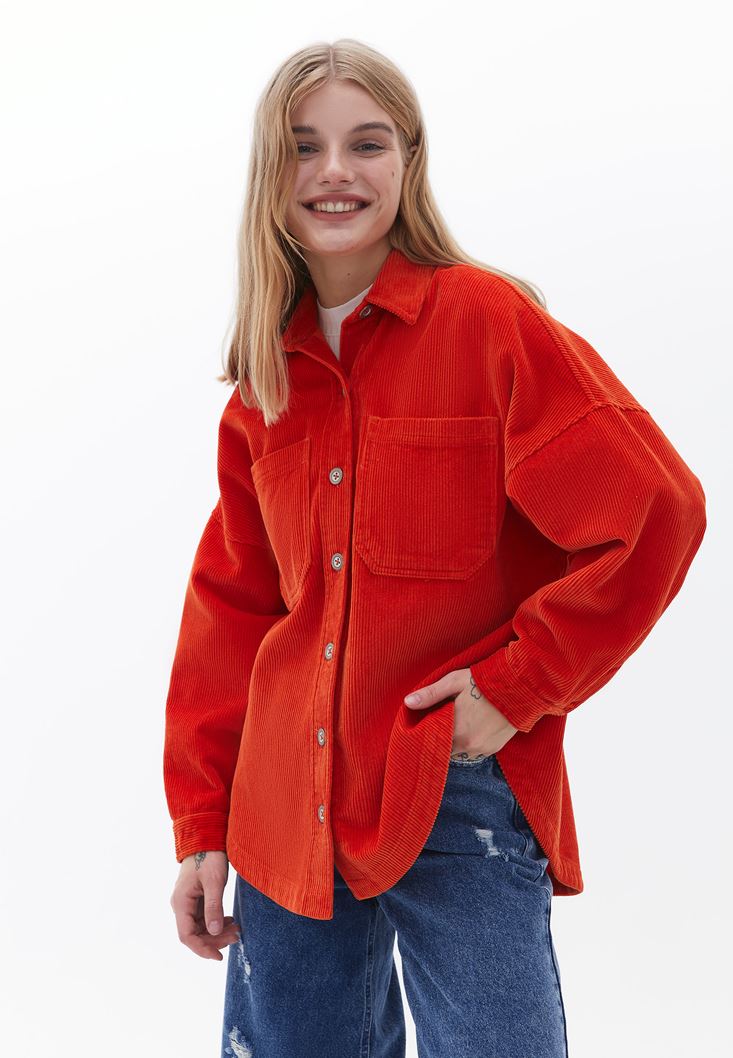 Women Orange Oversize Cord Velvet Shirt