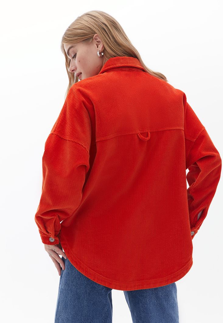 Women Orange Oversize Cord Velvet Shirt
