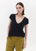 Women Black V-Neck Loose Fit Tshirt