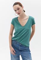 Women Green V-Neck Loose Fit Tshirt