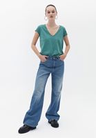 Women Green V-Neck Loose Fit Tshirt