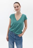 Women Green V-Neck Loose Fit Tshirt