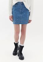 Women Blue Denim Skirt with Rhinestone Detail