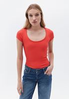 Women Red Cotton Scope Neck Tshirt