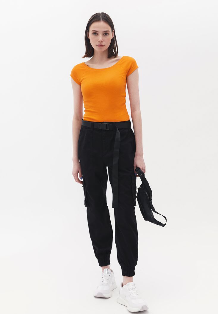 Women Orange Cotton Boat Neck Tshirt