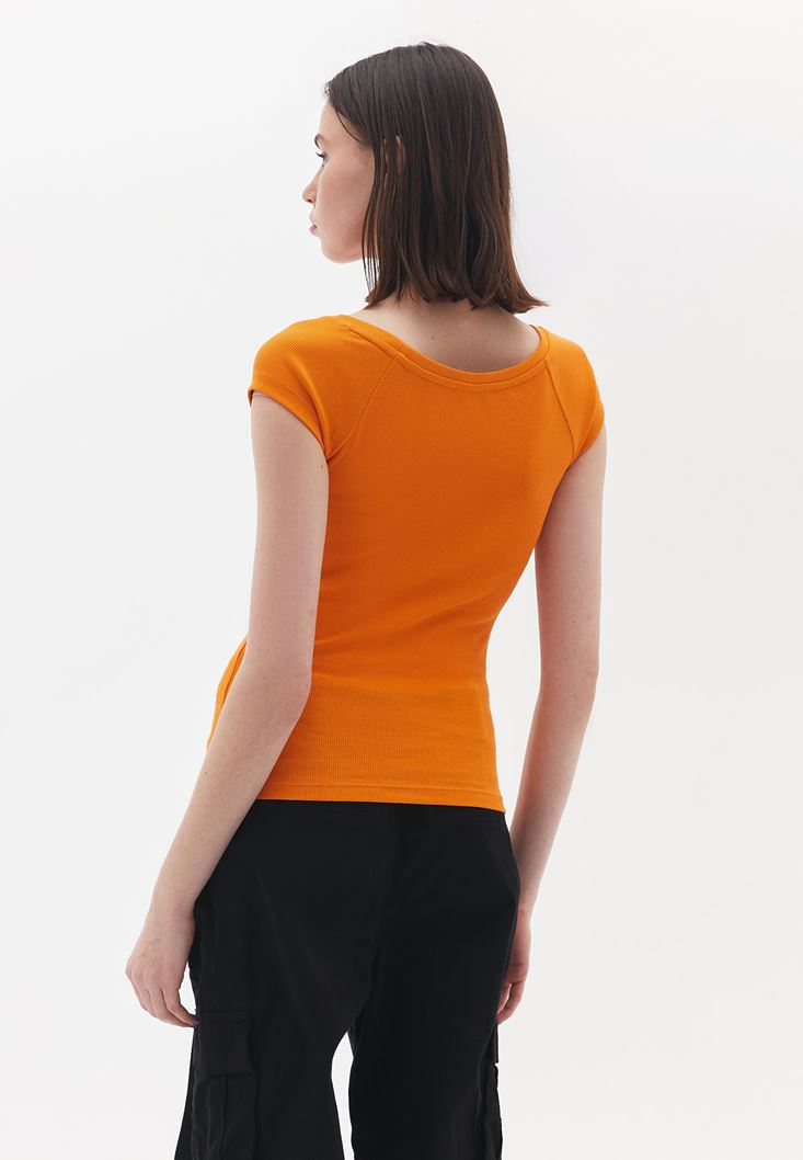 Women Orange Cotton Boat Neck Tshirt