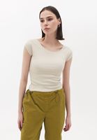 Women Beige Cotton Boat Neck Tshirt