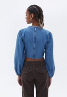 Bayan Mavi Cut-Out Detaylı Denim Bluz