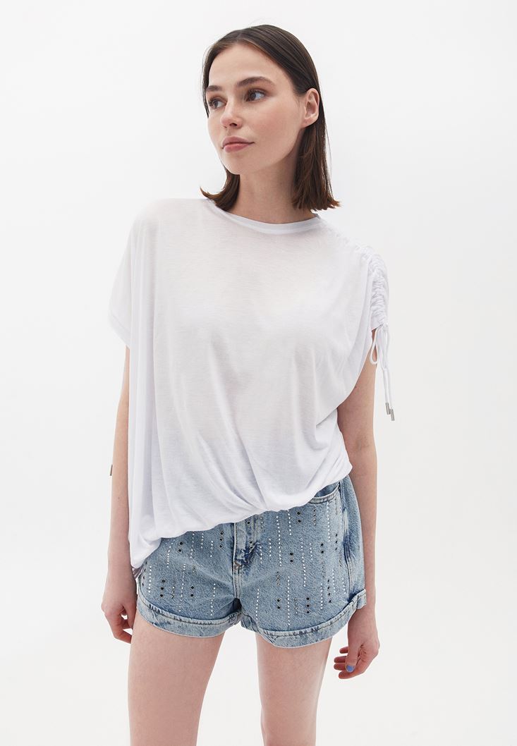 Women White Gathered Oversize Tshirt