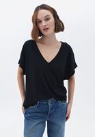 Women Black V-Neck Tshirt with Rhinestone Detail