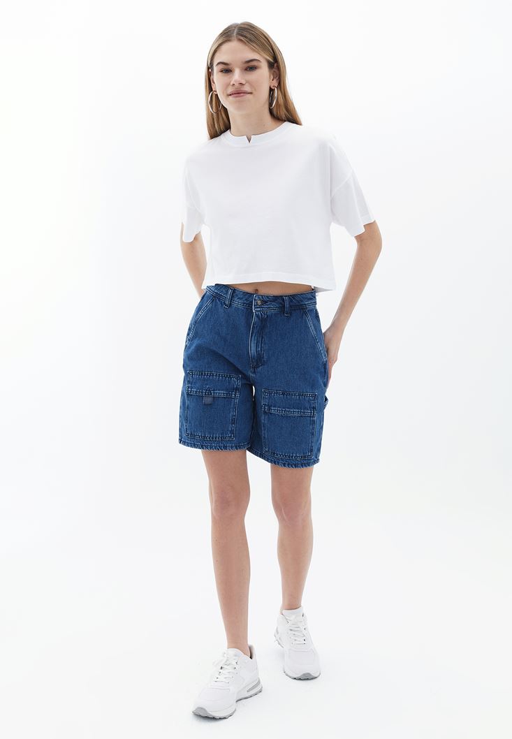 Women Blue Mid Rise Bermuda Shorts