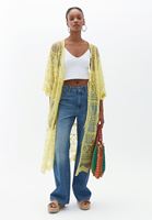 Bayan Sarı Loose-Fit Nakışlı Kimono