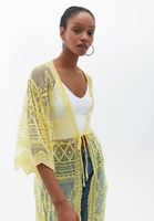Bayan Sarı Loose-Fit Nakışlı Kimono